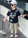 Stylish boys summer outfit alphabet print t shirt and cargo shorts set from Newness Perfect for summer adventures