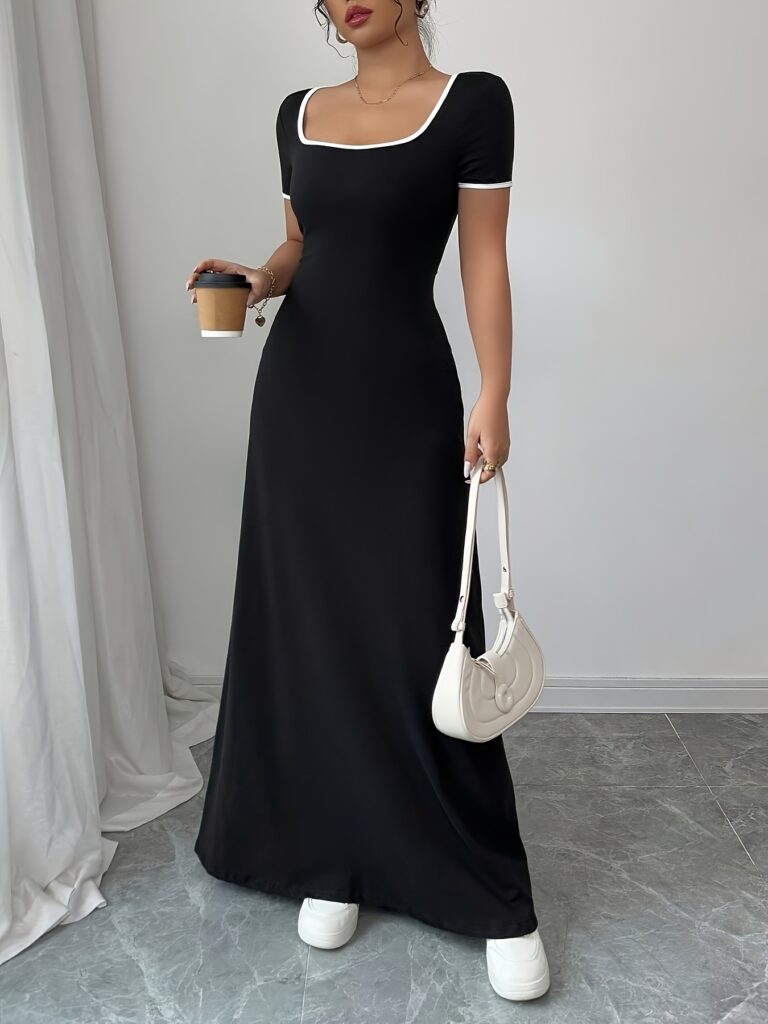 Model wearing Newness's Midnight Hour Black Square Neck Dress, a chic and elegant black mini dress with a flattering square neckline, perfect for summer evenings.