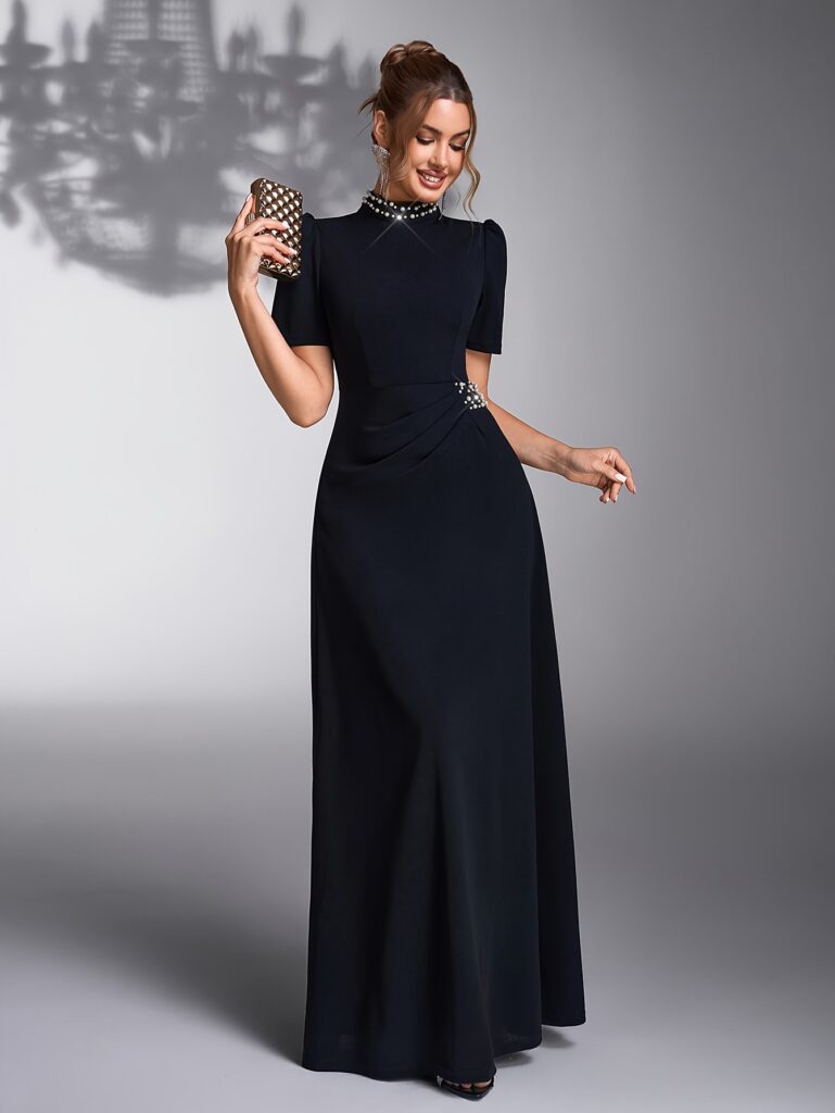 Flattering fitted bridesmaid gown with intricate beading, stand collar, and pearl embellishments, perfect for formal events.