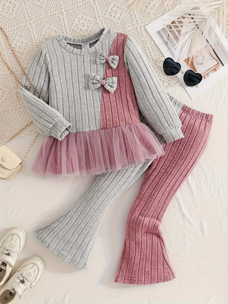 Stylish girls' autumn winter two-piece outfit in soft ribbed knit with color block design