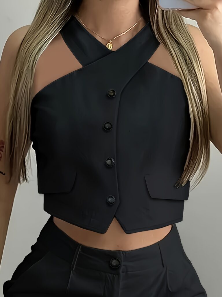 Stylish and comfortable Cairo Women's Vest Shorts Set by Newness. Model wears a two-piece outfit featuring a sleeveless vest and high-waisted shorts, perfect for a casual yet chic look.