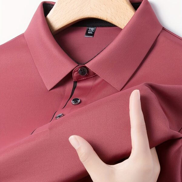 Men's navy blue long sleeve shirt with brown contrast details, silky smooth fabric, perfect for business casual or office wear.