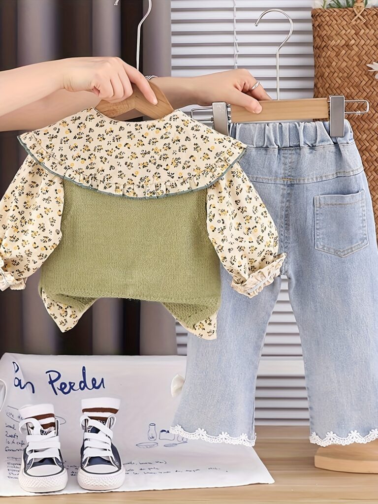 Adorable Darling Daisy girls casual outfit, perfect for spring and autumn adventures. Features a charming daisy print and comfortable, playful design.