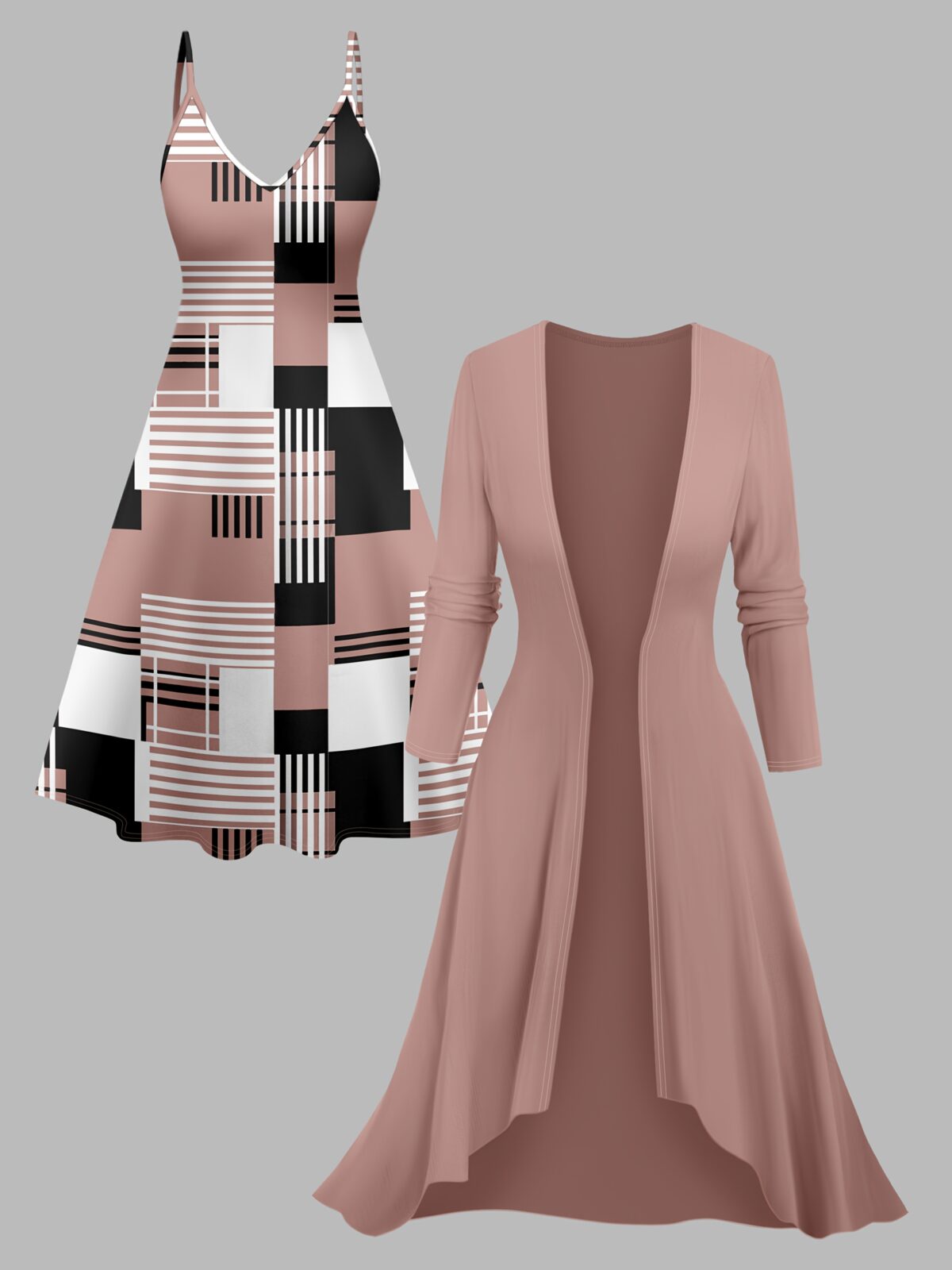 Stylish Cairo Geometric Print Dress and Cardigan Set by Newness Flattering silhouette perfect for any occasion