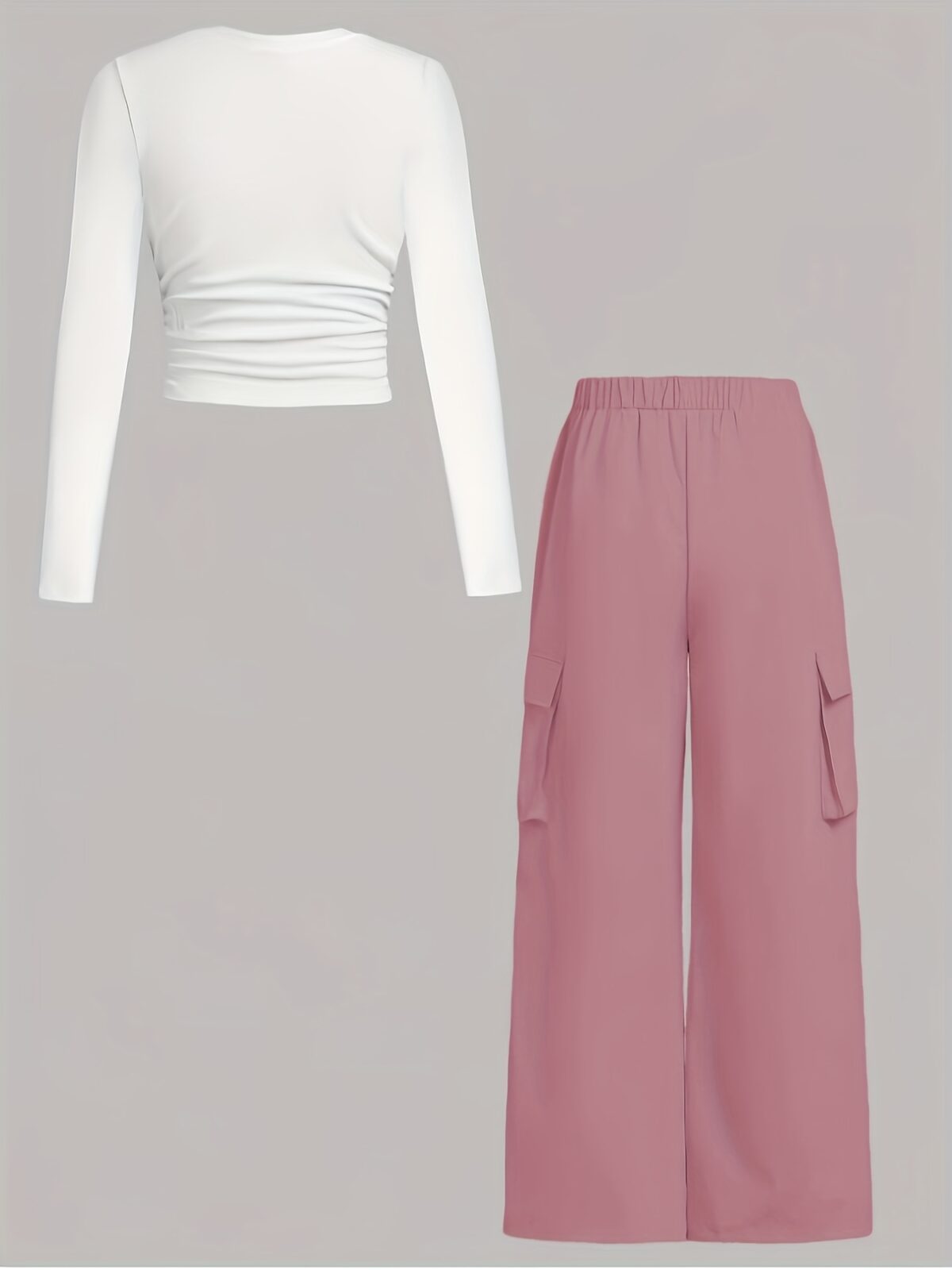 Rose Clay Pink Cargo Pants Set from Newness Flattering wide leg cargo pants and a matching cropped top in a soft rose clay pink Effortlessly chic and comfortable