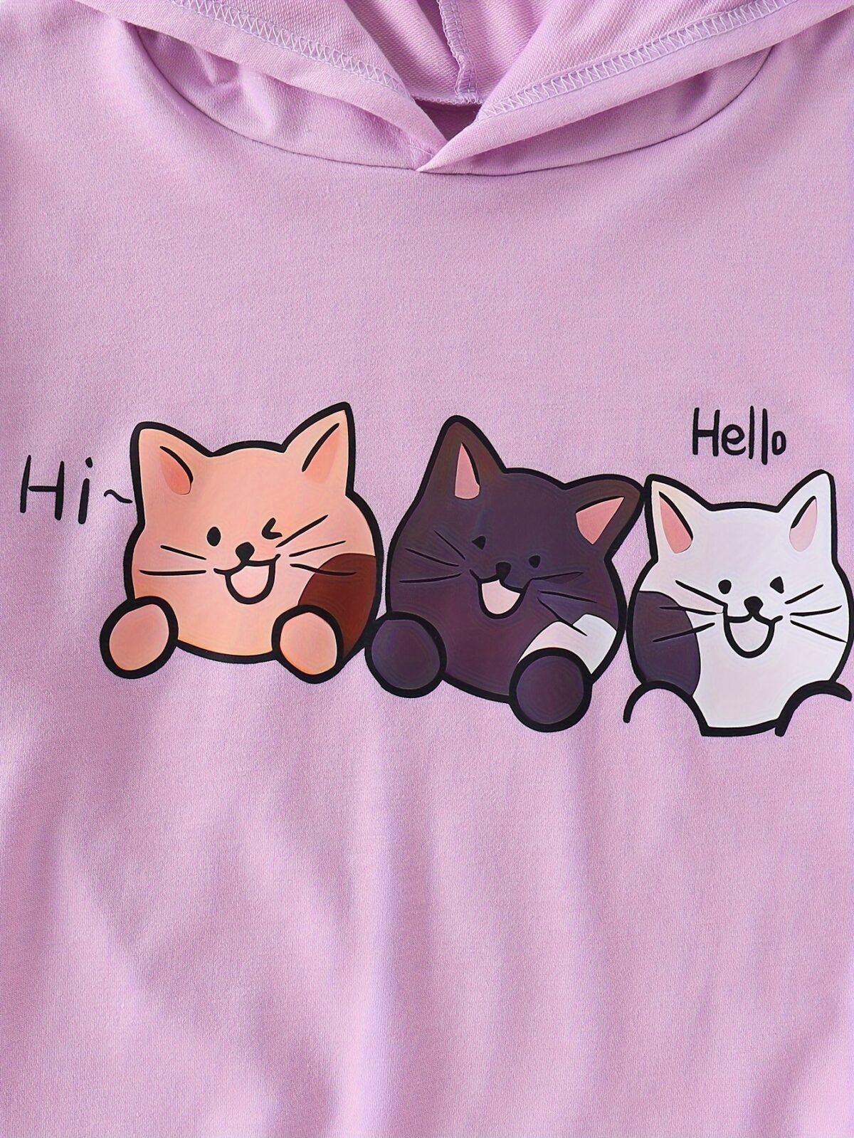 Adorable girls playful cat cartoon hoodie set in French terry knit perfect for spring or fall Features a charming cat design