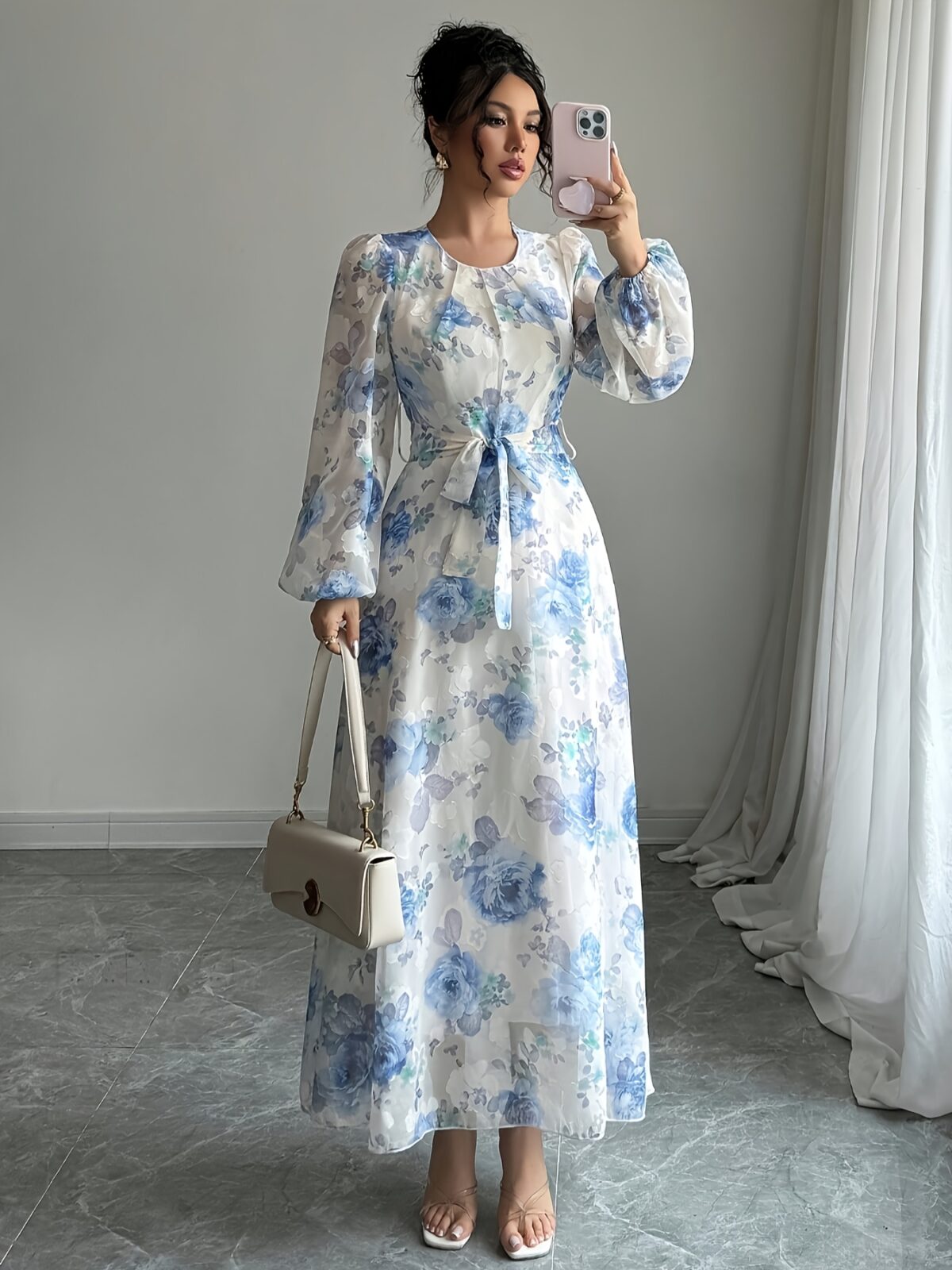 Effortlessly elegant Azure Bloom floral print maxi dress perfect for spring and autumn Features a chic print and flattering silhouette