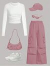 Rose Clay Pink Cargo Pants Set from Newness Flattering wide leg cargo pants and a matching cropped top in a soft rose clay pink Effortlessly chic and comfortable