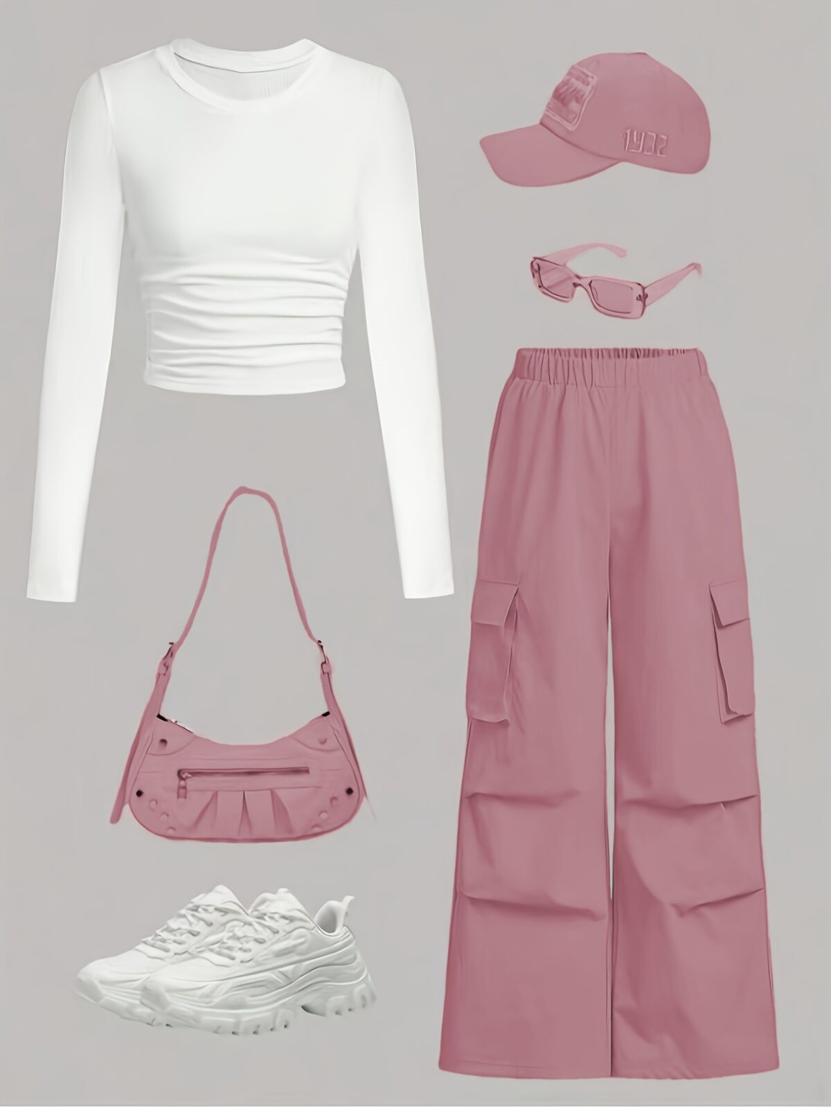 Rose Clay Pink Cargo Pants Set from Newness Flattering wide leg cargo pants and a matching cropped top in a soft rose clay pink Effortlessly chic and comfortable