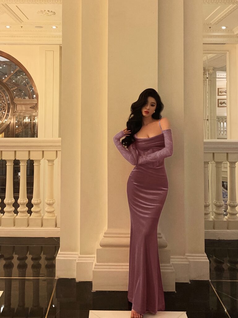 Model wearing a beige elegant formal evening gown, perfect for galas, weddings, or parties.
