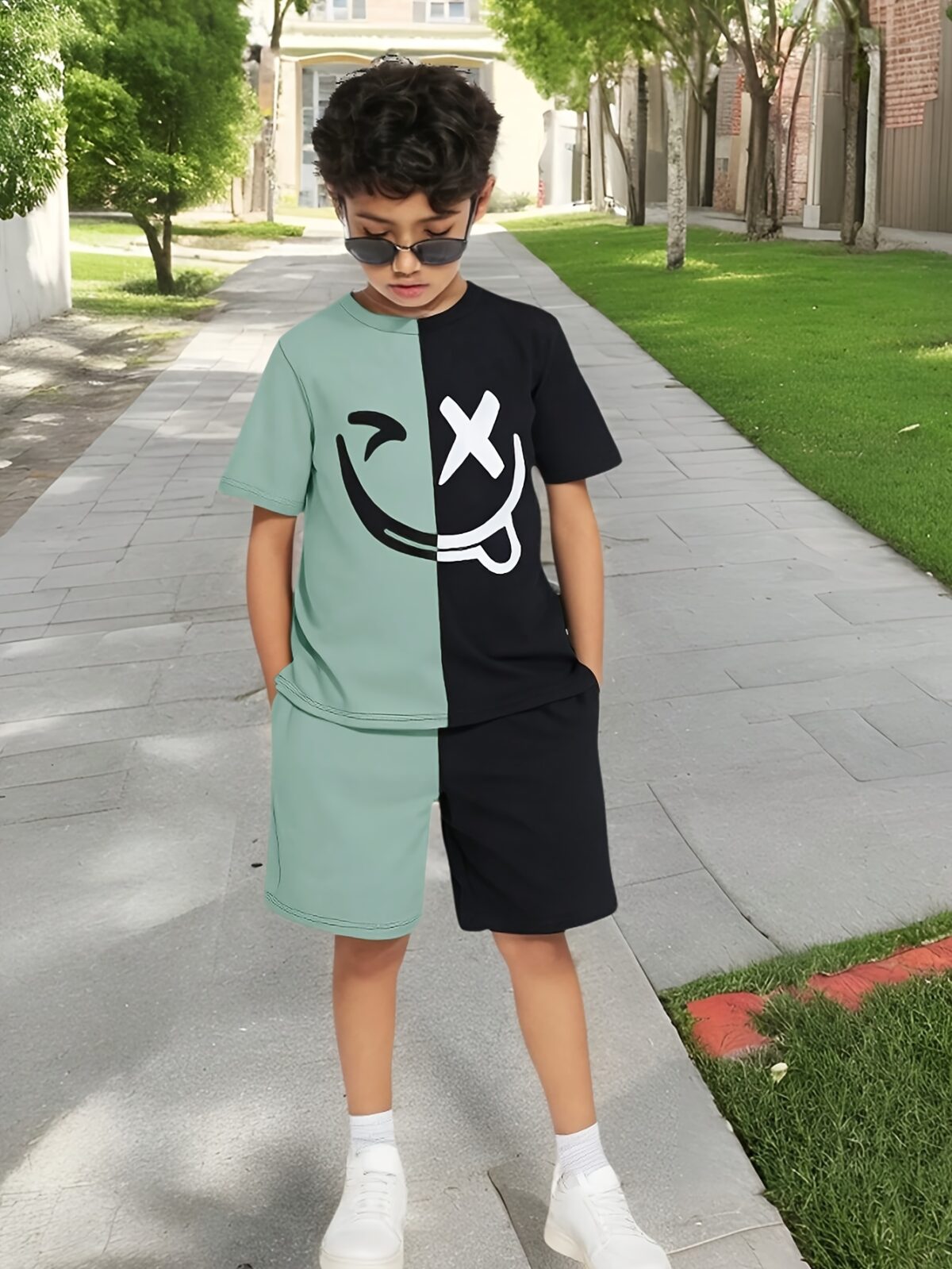 Adorable boy wearing a trendy color block set perfect for playtime school or any casual occasion The outfit features vibrant colors and a comfortable soft fabric