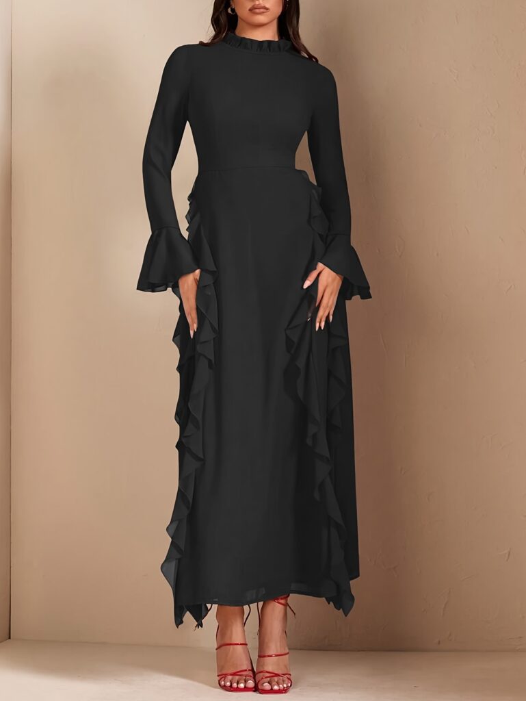 Newness Timeless Ruffle Detail Dress in glossy polyester, showcasing its flowy silhouette and chic ruffle details.