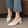 Beige ivory womens pointed toe high heels with block heel showcasing cushioned insole and non slip sole