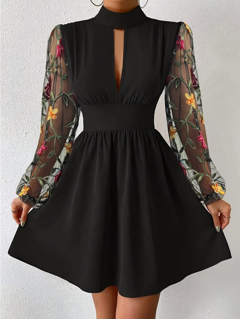 Newness Summer Soiree Women's Elegant Black A-Line Dress with Floral Mesh Sleeves. Flattering silhouette, delicate floral mesh sleeves, perfect for summer events.
