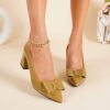 Womens Mustard Yellow Pointed Toe High Heel Pumps with Bow Detail