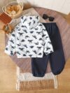 Stylish boys dinosaur print hooded zipper jacket and pants set perfect for fall and winter outdoor adventures The trendy and comfortable outfit features a fun dino print