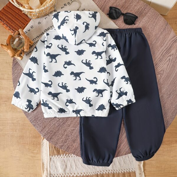 Stylish boys dinosaur print hooded zipper jacket and pants set perfect for fall and winter outdoor adventures The trendy and comfortable outfit features a fun dino print