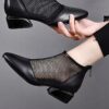 Newness Milan Chunky Black Booties Pointed toe booties with breathable mesh and a chunky mid block heel