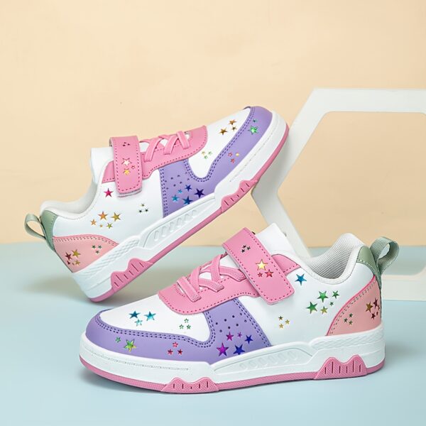 Stylish white and black star speckled sneakers for girls perfect for casual wear Breathable PU upper non slip TPR sole and EVA cushioned insole for all day comfort