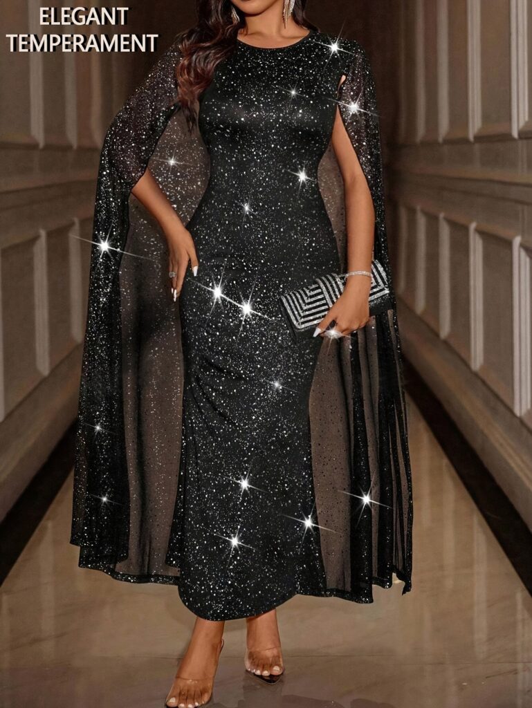 Silver Sparkle: Women's Elegant Silvery Polka Dot Sleeveless Cape Dress. Shine bright in this flattering bodycon dress, perfect for prom or graduation. Features a cape design for added drama.