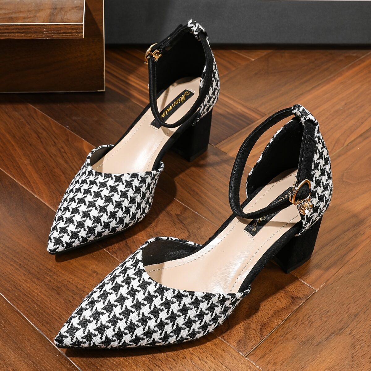 Newness Parisian Chic Houndstooth Block Heels Elevate your style with these comfortable and chic black and white houndstooth block heels perfect for any occasion