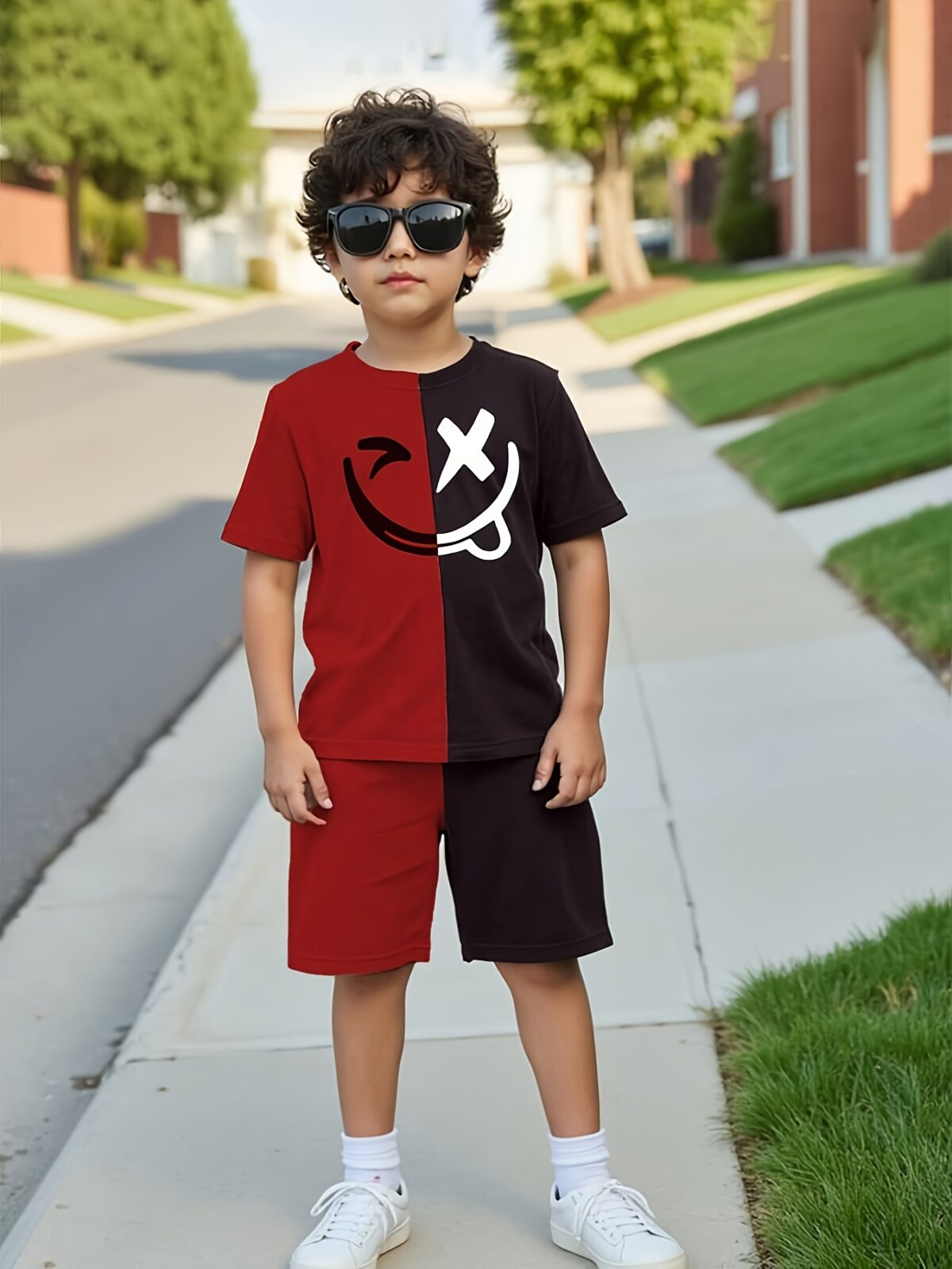 Adorable boy wearing a trendy color block set perfect for playtime school or any casual occasion The outfit features vibrant colors and a comfortable soft fabric