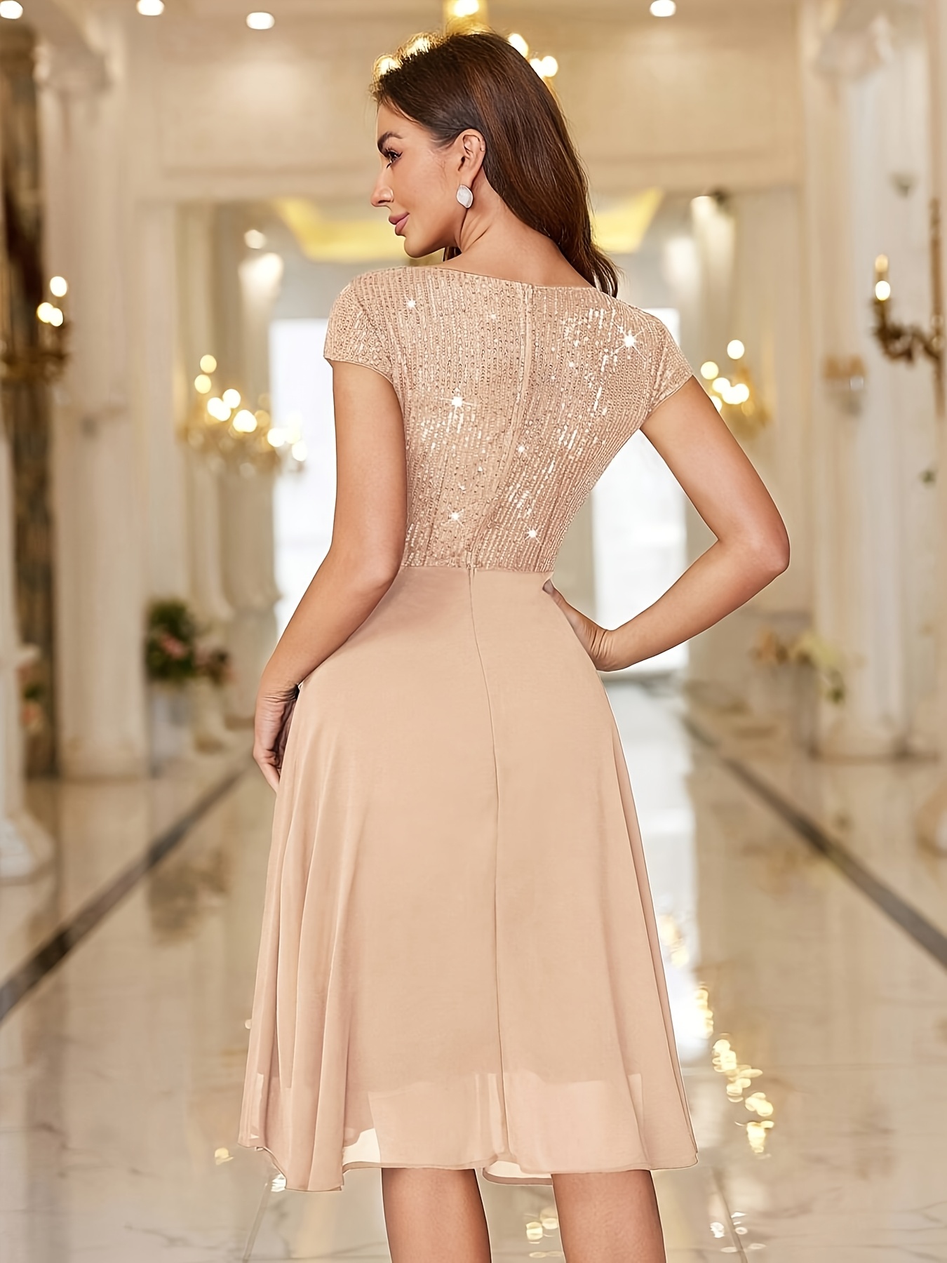 Women's Black Sequin Embellished Bodycon Dress - Middle Eastern-Inspired A-Line Midi Dress with Short Sleeves & Round Neck, Hand Washable Elegant Formal Party Wear, Sequin Party Dress, Galas And Events, No Stretch Material