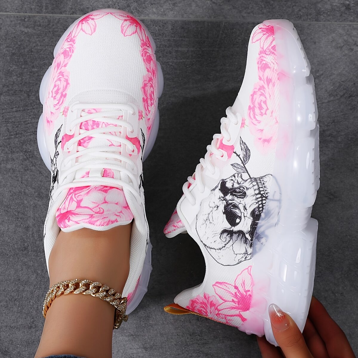 Newness Dark Bloom Skull Print Sneakers Edgy chic sneakers with a skull print perfect for elevating any look
