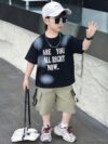 Stylish boys summer outfit alphabet print t shirt and cargo shorts set from Newness Perfect for summer adventures