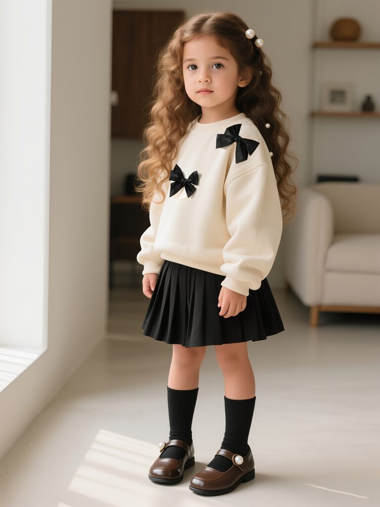 Adorable girls' preppy outfit in a stylish color block design. Features a charming bow top and pleated skirt, perfect for school or play. Shop the Chelsea Girls Preppy Outfit at Newness.