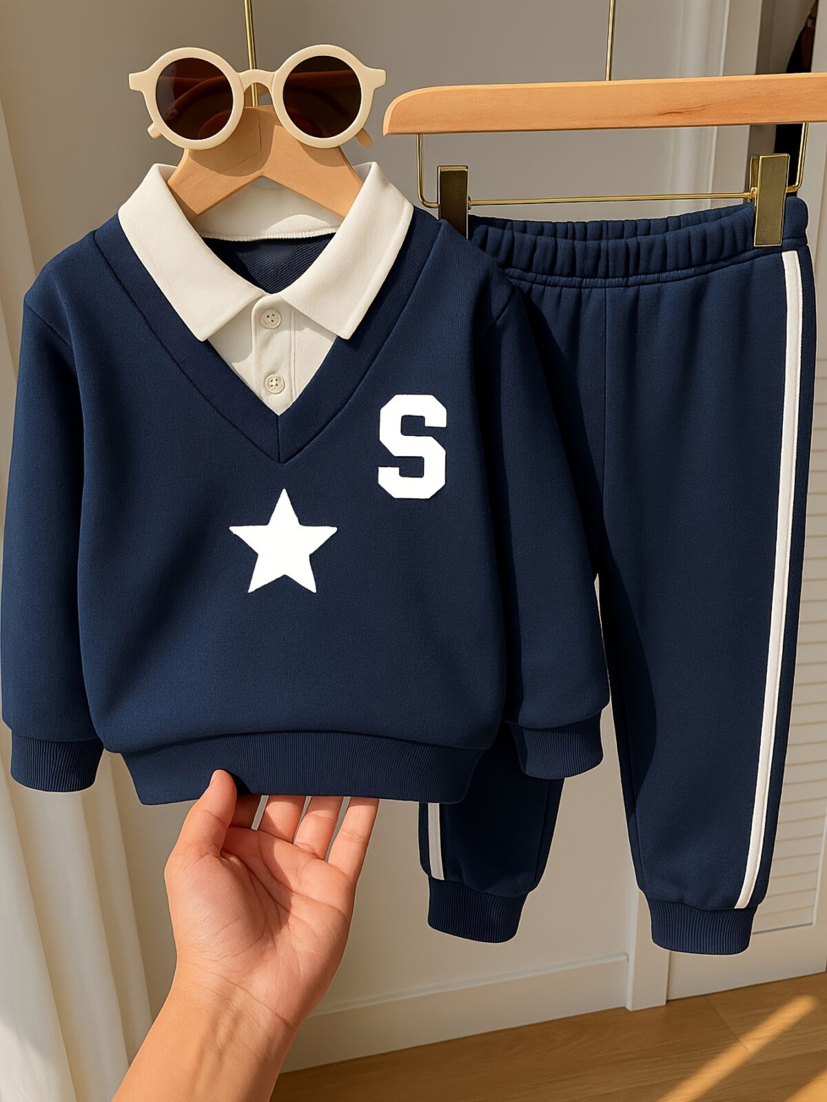 Cool Crew Boys Two Piece Hoodie and Jogger Set Trendy star and letter print hoodie with white trimmed joggers Perfect for active boys