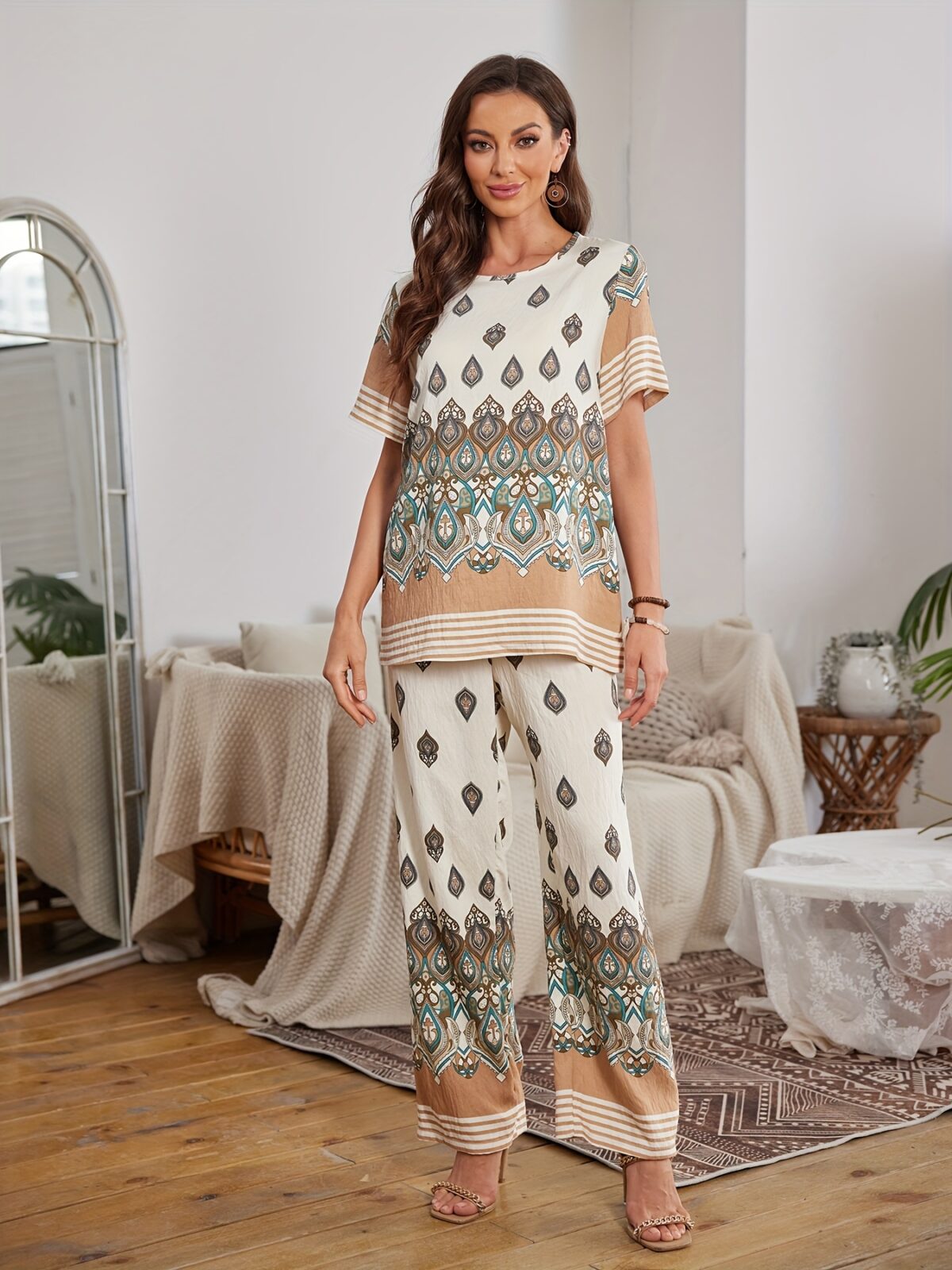 The Newness Riviera Rendezvous Geometric Print Set A stylish two piece outfit featuring a vibrant geometric print perfect for summer occasions Model showcases effortless chic