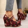Newness Rose Skull Wedge Sandals Trendy platform wedges featuring a unique rose and skull print comfortable straps and stylish platform heels