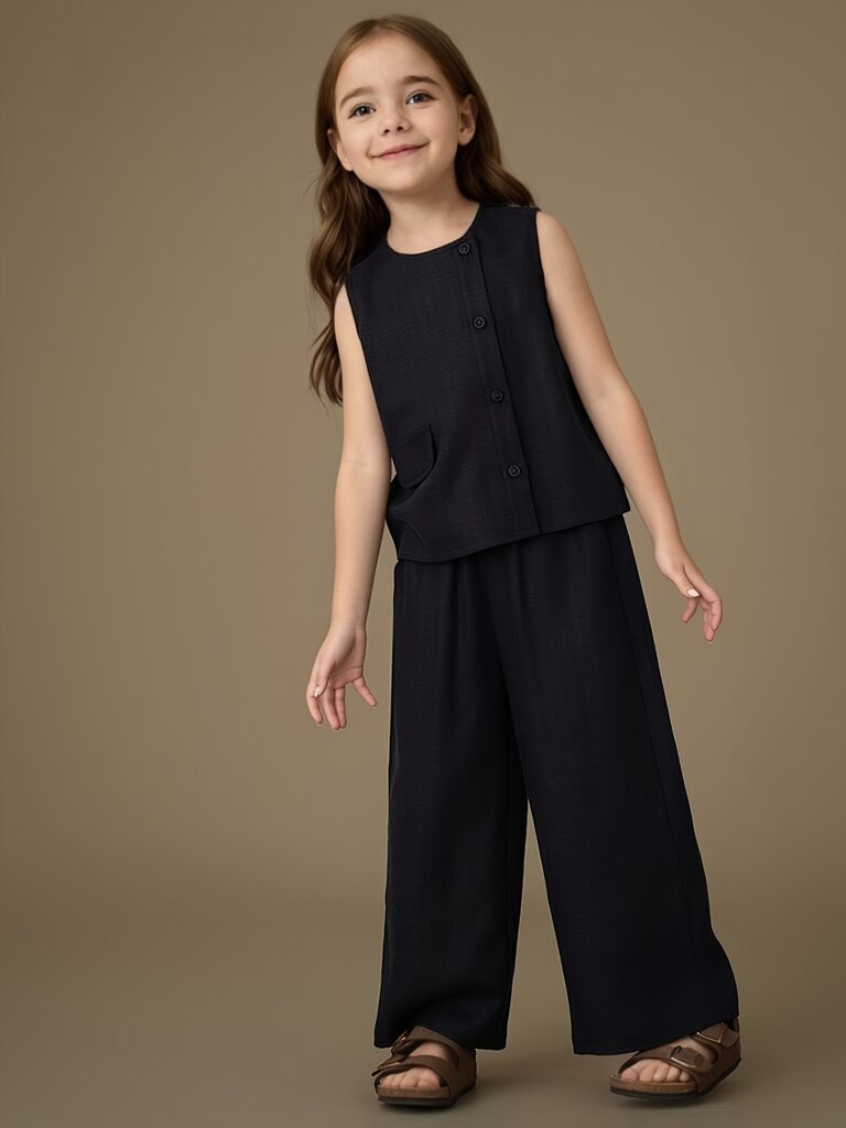 Girls' casual outfit set in breathable woven fabric. Perfect for everyday wear. Stylish and comfortable.