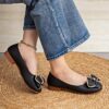 Womens elegant low heel flats with a 3D bow detail round toe and soft synthetic cover Shown in Color Name