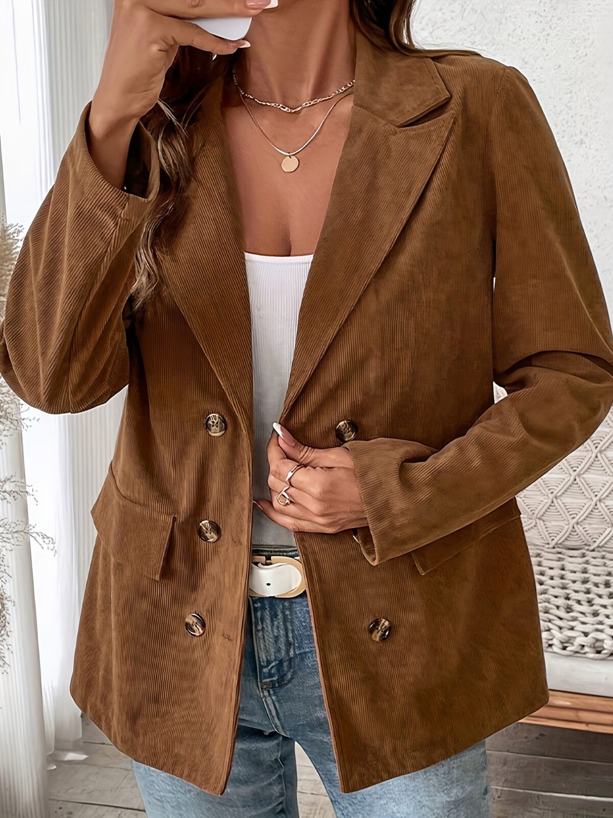 Flattering A line brown blazer with tailored collar single button perfect for fall and winter Hand washable
