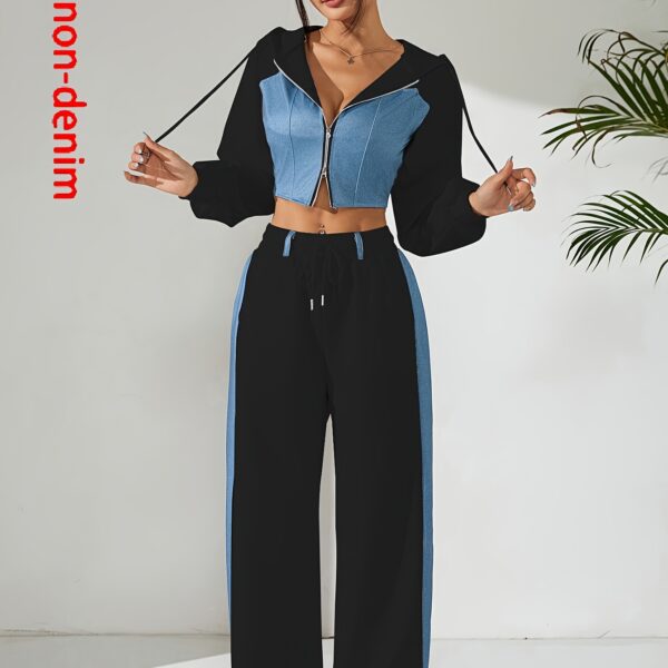 Skyline Chic Two-Piece Set: Flatlay of a stylish zip-up hoodie and wide-leg pants in a complementary color scheme. Perfect for spring or fall.