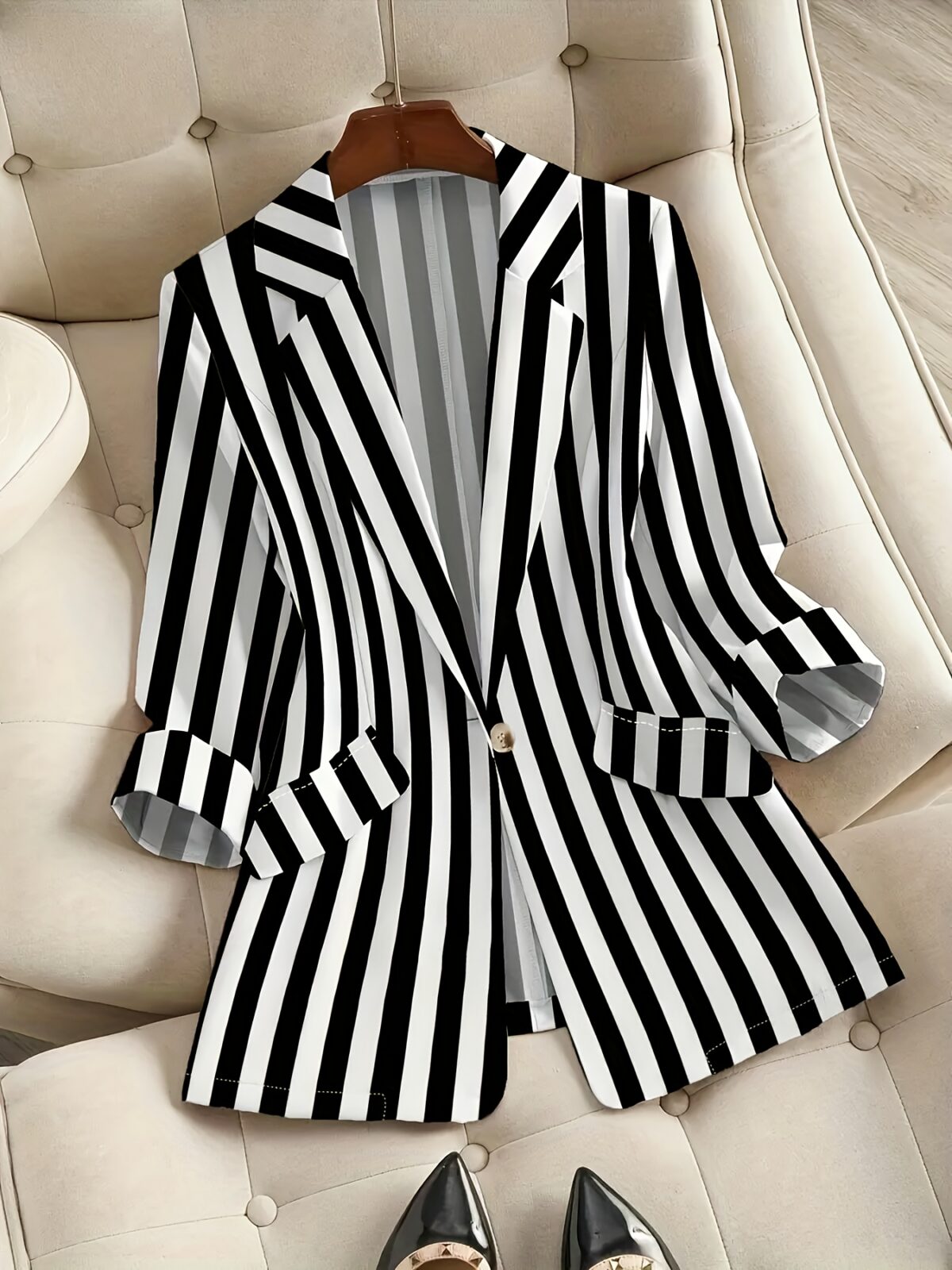 Newness City Chic Womens Elegant Striped Blazer a stylish striped blazer perfect for spring and fall offering comfort and sophistication
