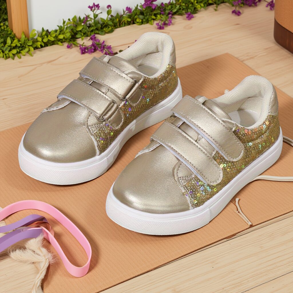 Twinkle Toes Girls' Glitter Golden Sneakers, 3-12 years, sparkling gold sequin skate shoes with comfortable fit and durable sole, perfect for running, school, and parties.