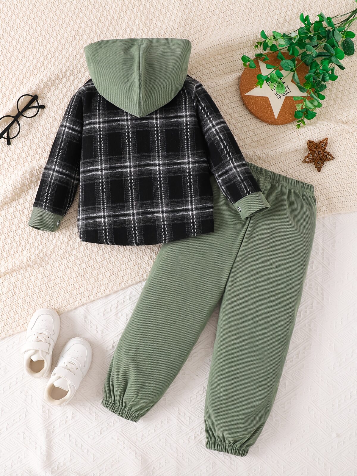 Stylish boys plaid hooded set perfect for spring and fall adventures Durable polyester trendy plaid design and practical pocket