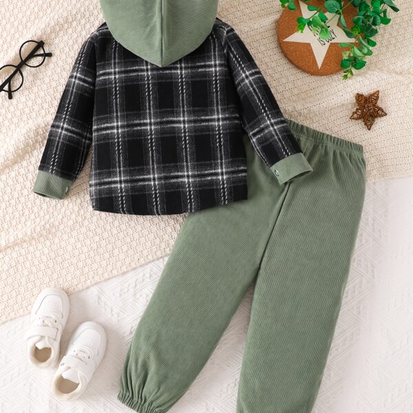 Stylish boys plaid hooded set perfect for spring and fall adventures Durable polyester trendy plaid design and practical pocket