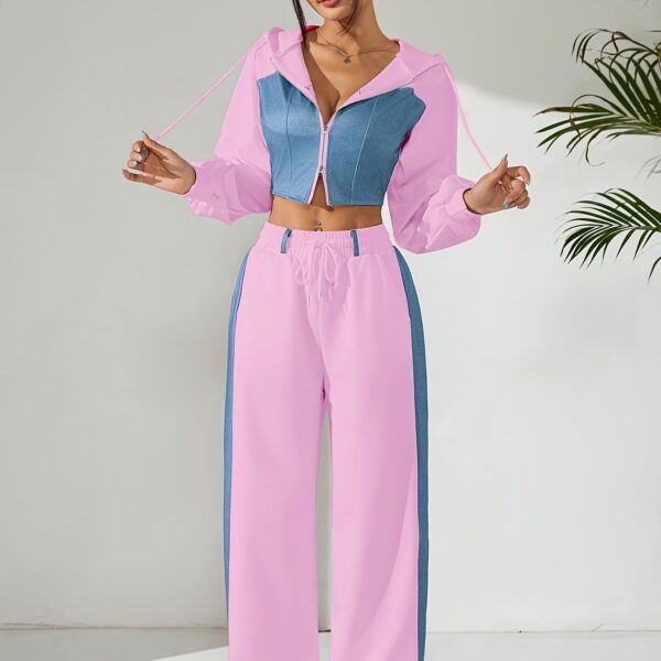 Skyline Chic Two-Piece Set: Flatlay of a stylish zip-up hoodie and wide-leg pants in a complementary color scheme. Perfect for spring or fall.