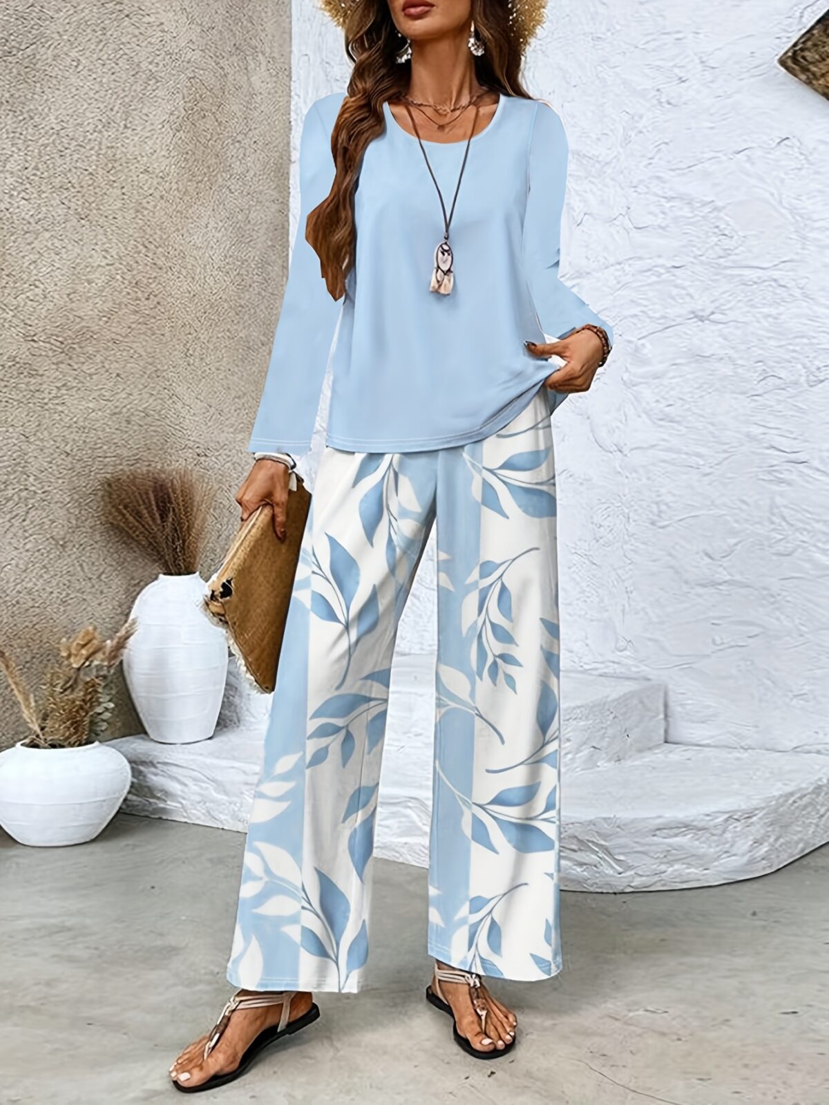 Stylish woman wearing the Newness Parisian Chic Printed Pants Set showcasing the comfortable and chic design