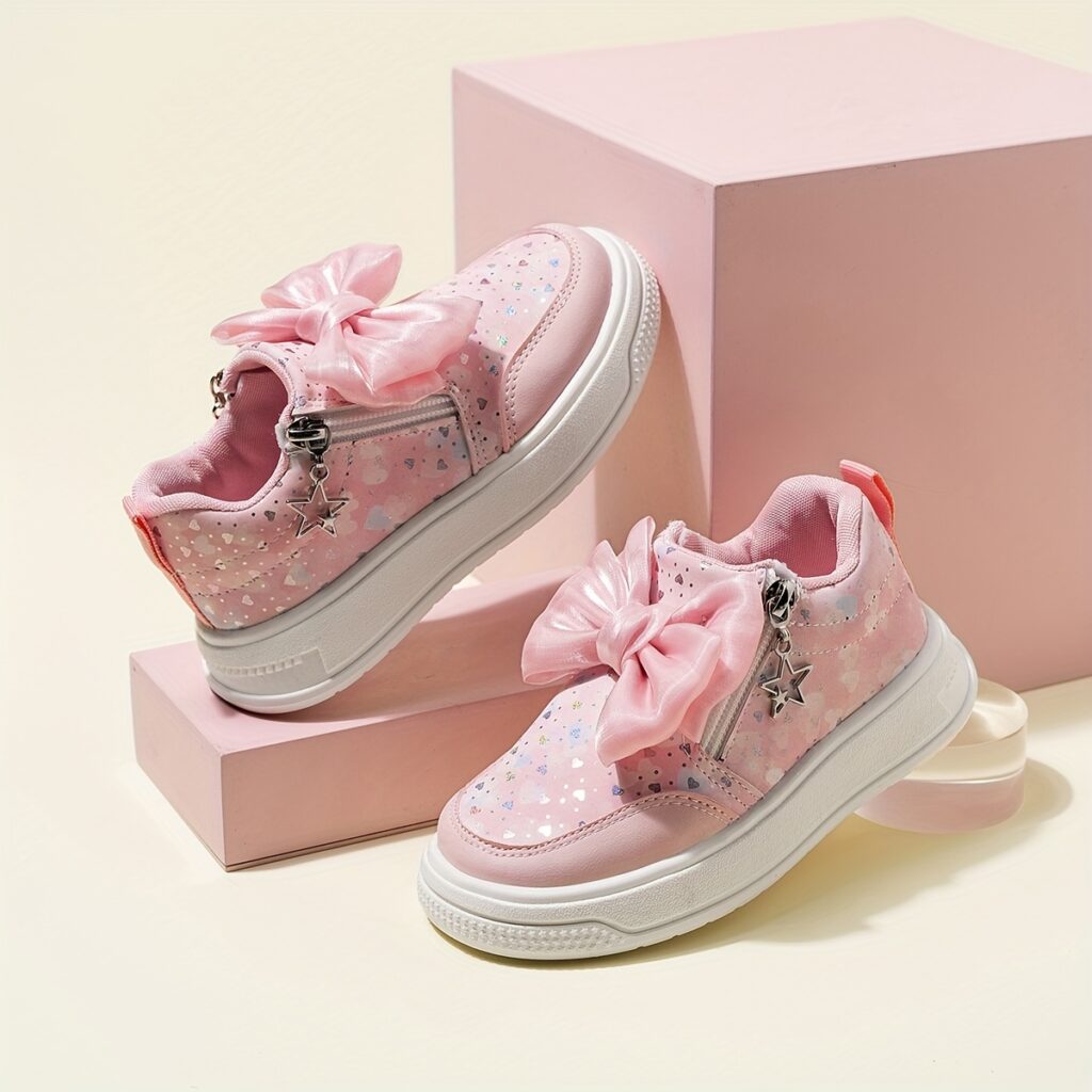 Pink and white girls' princess sneakers with bows and heart accents, showcasing their sparkly design and comfortable features. Perfect for spring, fall, school, or playdates.