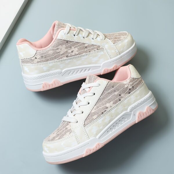 Sparkle Steps Kids Sequin Splice Low Top Sneakers in pink and silver showcasing the sequin and splice details