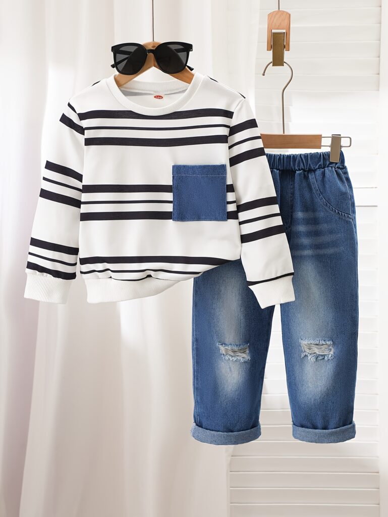 Stylish boys' striped sweatsuit and denim pants set. Perfect for everyday wear and outdoor adventures. The outfit features a soft, striped sweater and durable denim pants.