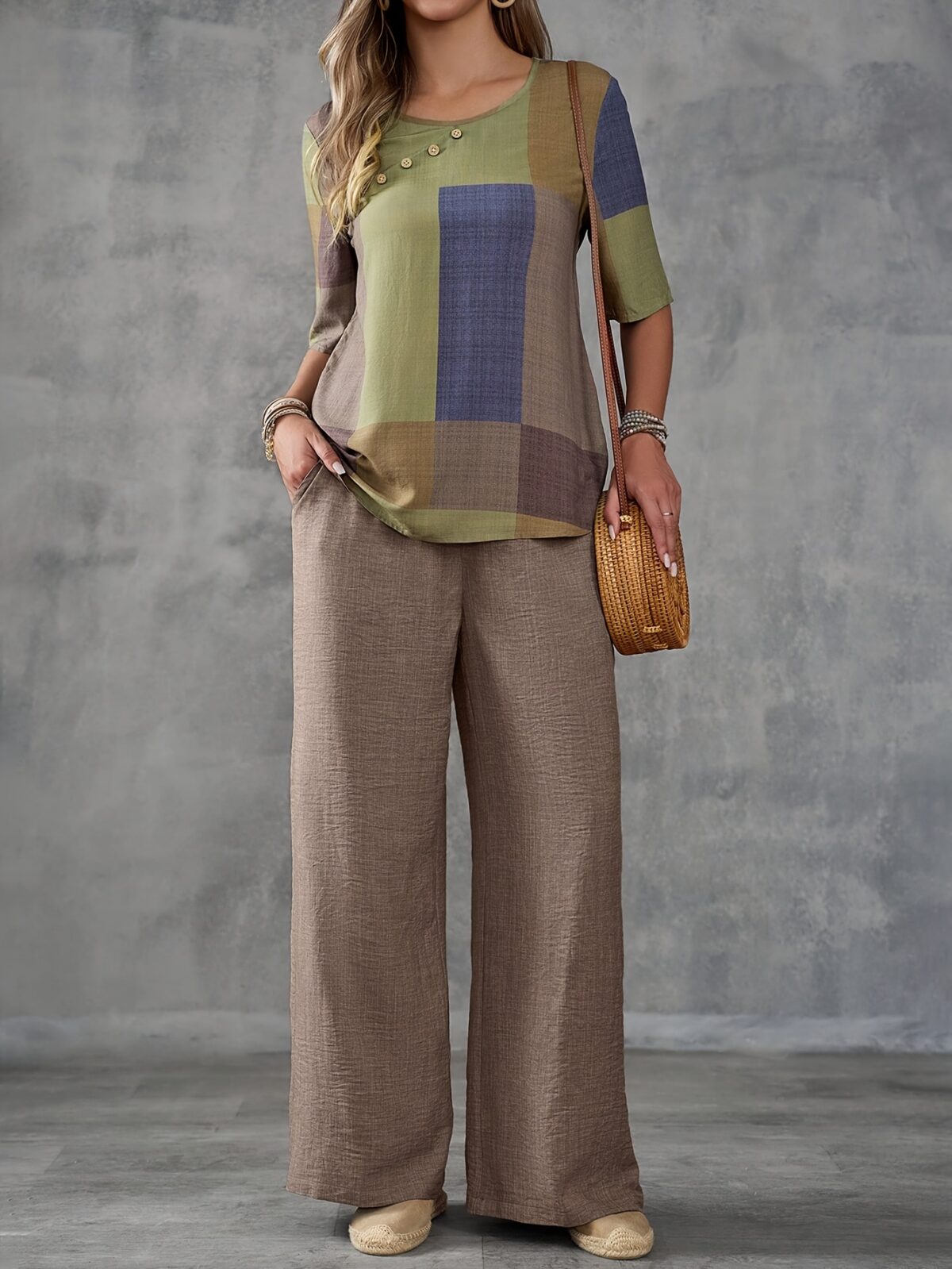 Stylish Cairo Chic Patchwork Casual Suit by Newness A modern and chic patchwork design perfect for spring and summer