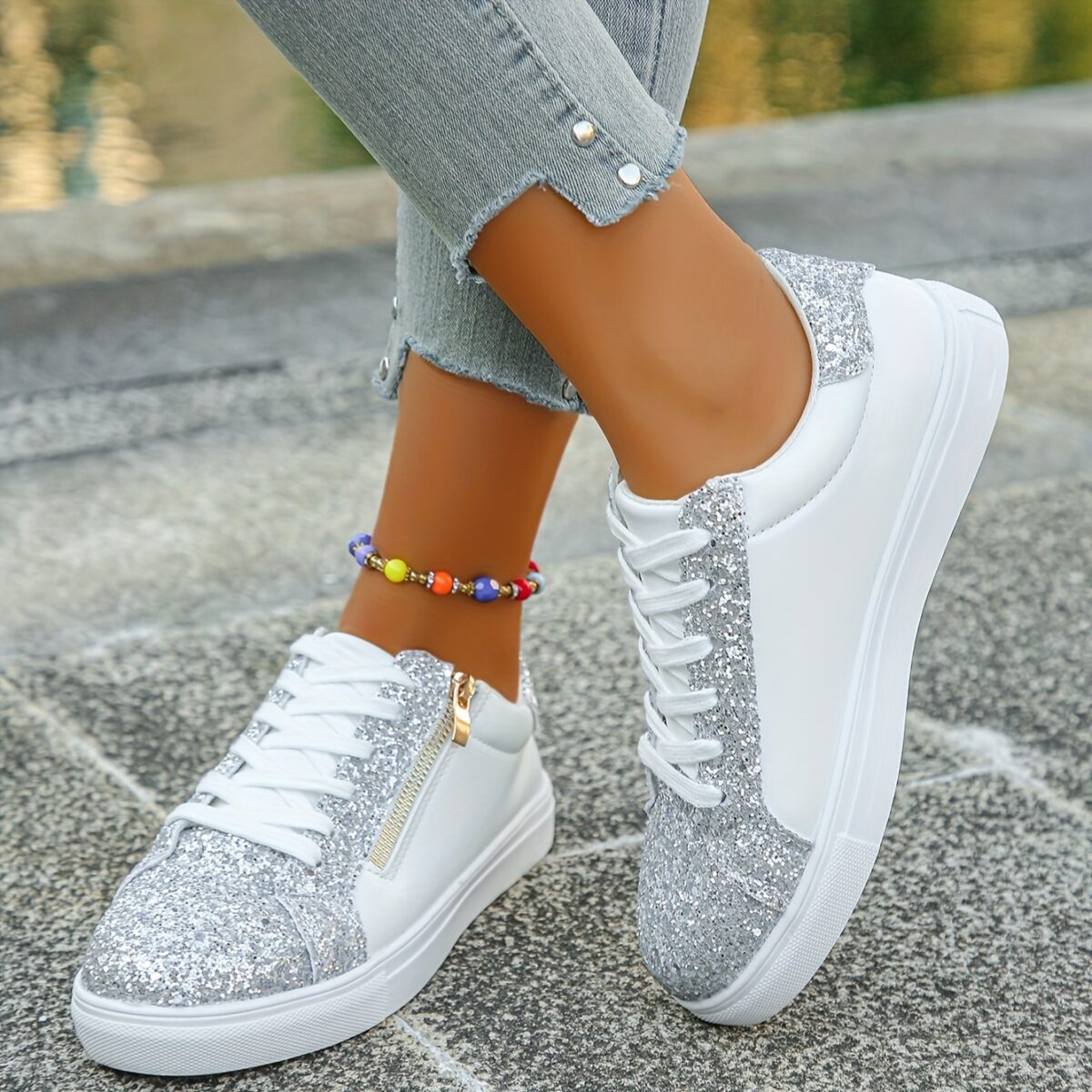 Newness Stardust Shimmer Silver Glitter Sneakers Elevate your style with these breathable lightweight sneakers perfect for any occasion