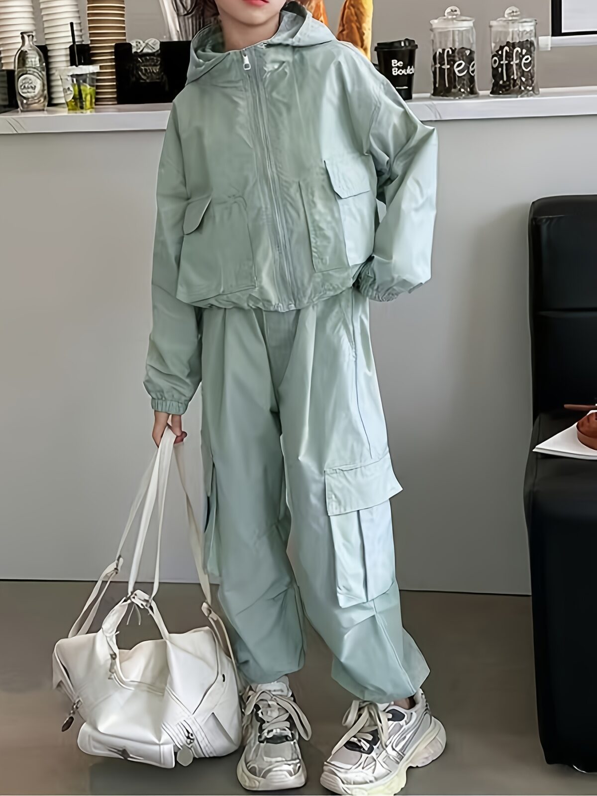 Girl wearing a stylish hooded suit perfect for spring Dubai inspired design