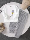 Adorable boys hoodie and sweatpants set featuring a stylish pencil pattern hoodie and comfortable striped sweatpants Perfect for school playdates or cozy days at home